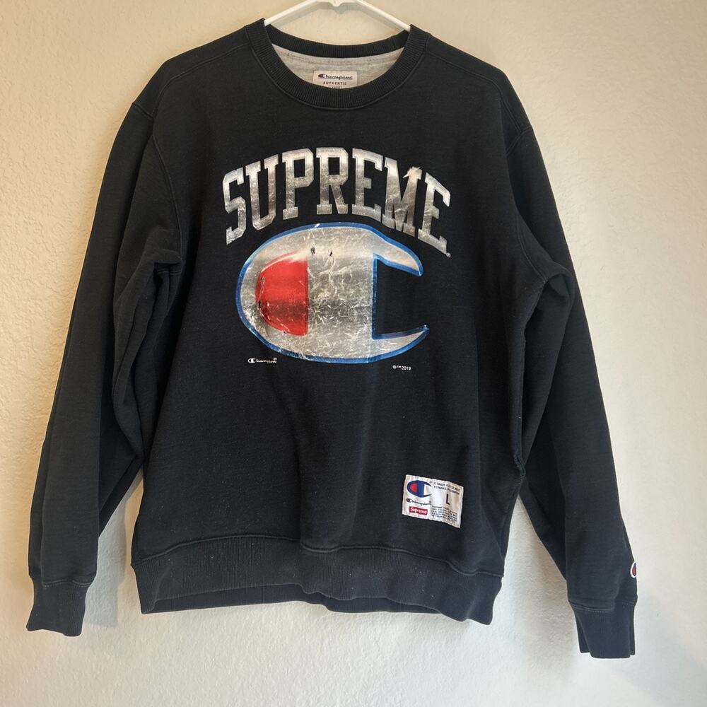Supreme x Champion Men’s Black Pullover Sweatshirt Logo Graphic M 2019 **flaws**